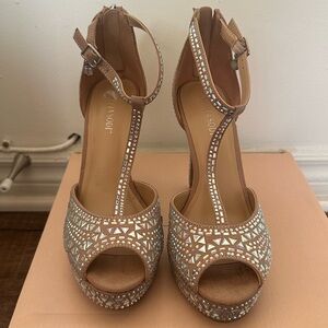 Thalia Sodi Tan Crystal Heels